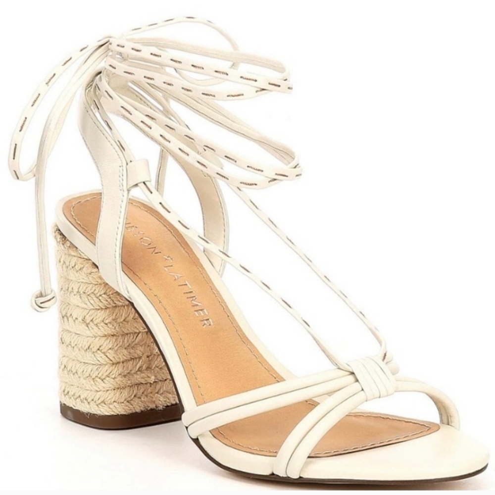 Gibson Latimer Tasha Sheep Leather Cream Open Toe Ankle Wrap Block Heel Sandal